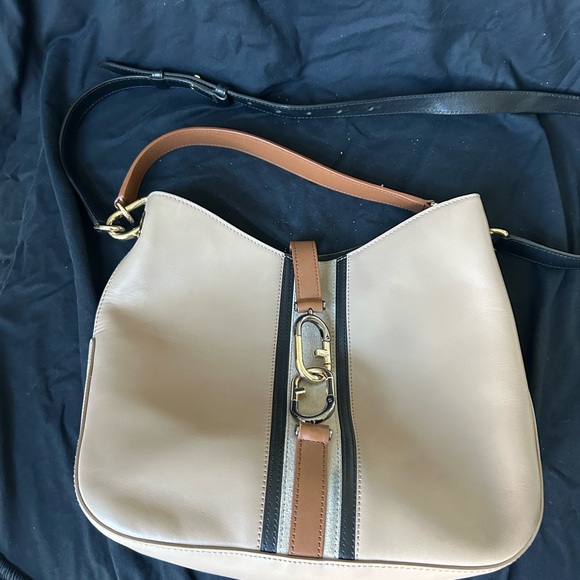 Taupe Furla shoulder bag with tan and black straps - Picture 2 of 3